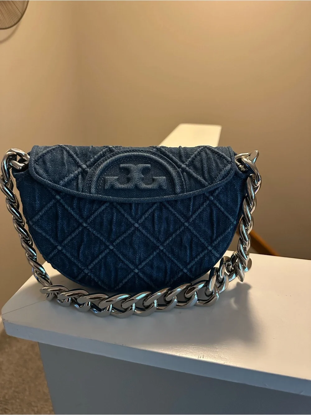 Tory Burch Quilted Denim Crossbody Bag with Chunky Chain